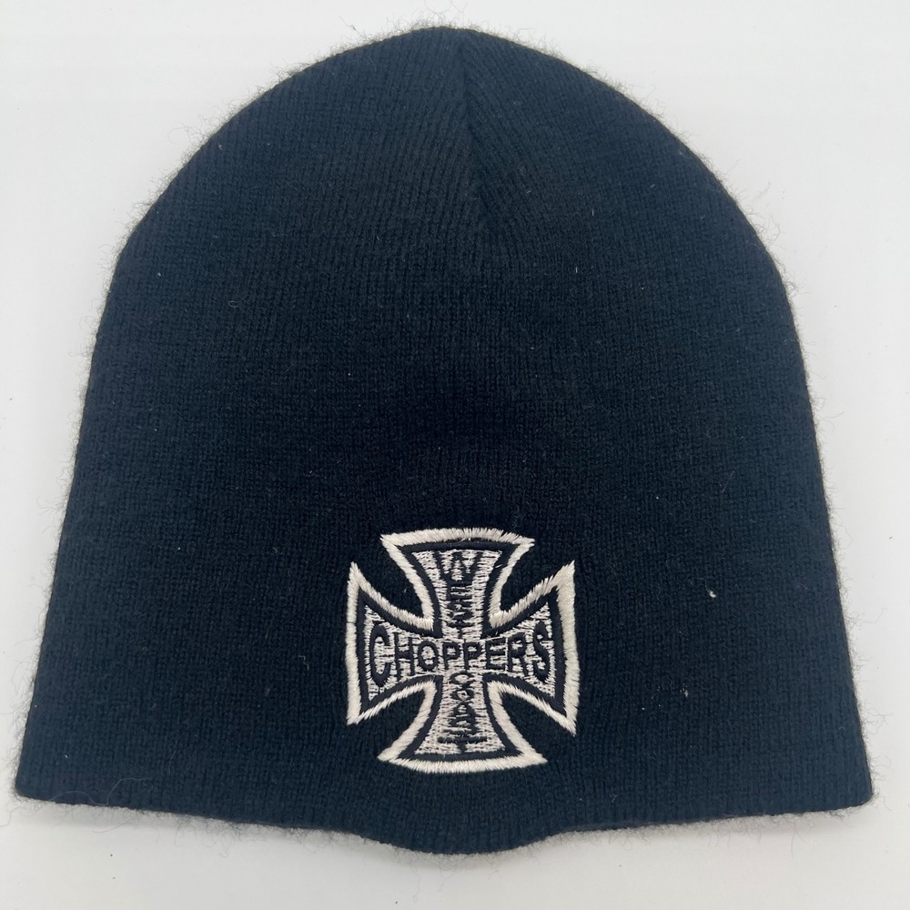 West Coast Choppers Beanie Black Knit Iron Cross Logo Embroidered Skull Cap Hat